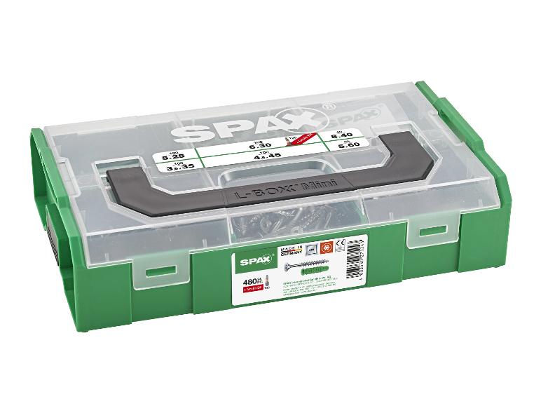 Schraubensortiment in transparenter Box mit 480 Schrauben und Gratis-Bit.