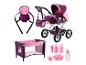 Puppenspielset: Kinderwagen, Einhorn-Reisebett und Pflegezubehör in Pink und Lila.