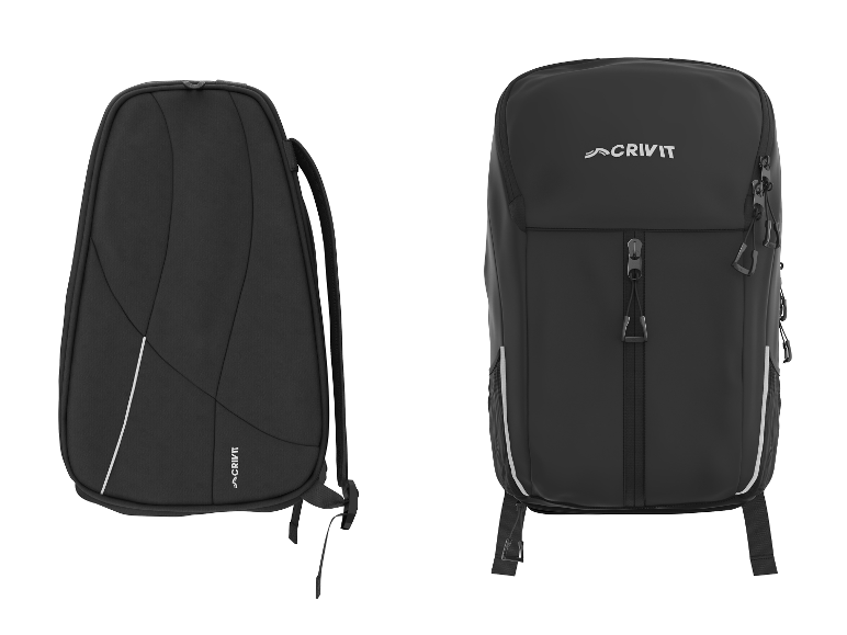 Zwei schwarze Sportrucksäcke, einer mit weißem Schriftzug und weißen Linien.