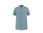 Himmelblaues Poloshirt mit weiß gestreiftem Kragen und Ärmelbündchen.