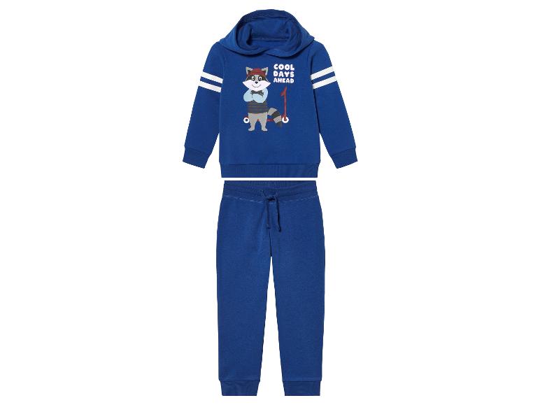 Kapuzenpullover und Jogginghose, blau, mit Waschbär-Motiv.