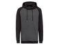 Ein graues und schwarzes Kapuzenpullover mit langen Ärmeln.