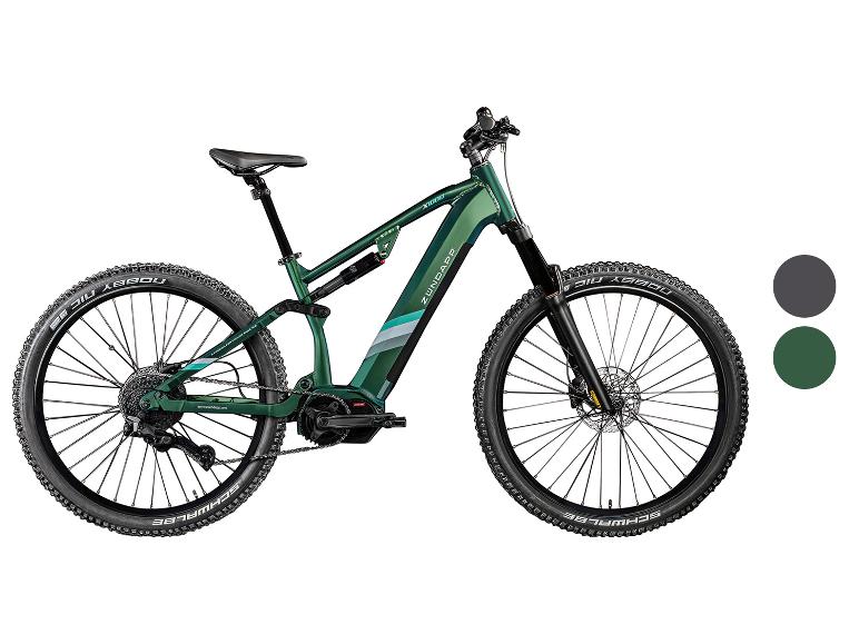 Grünes Zündapp E-Mountainbike mit schwarzen Reifen und grauen sowie grünen Farbmustern.