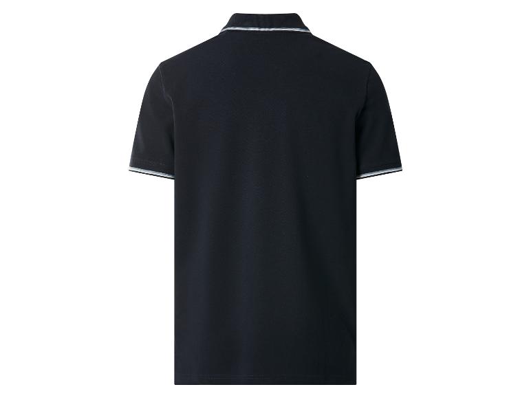 Dunkelblaues Kurzarm-Poloshirt mit gestreiftem Kragen und Ärmelbündchen, Rückansicht.