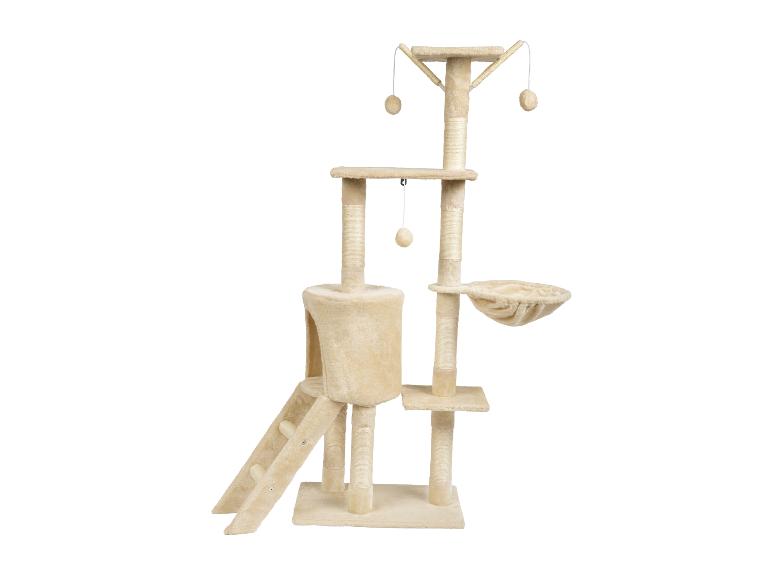 Beiger mehrstufiger Kratzbaum mit Katzenhaus, Hängematte und hängendem Spielzeug