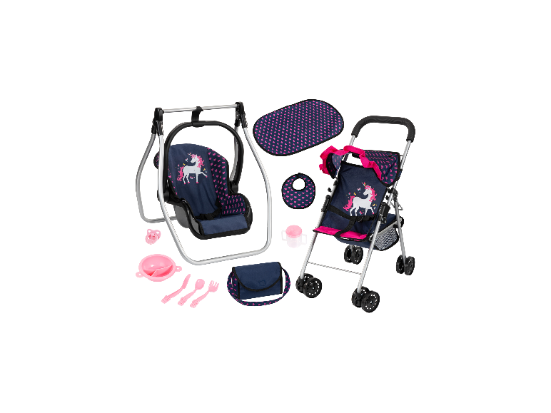 BAYER DESIGN Puppenbuggy-Set mit Schaukel und Einhorn-Zubehör.