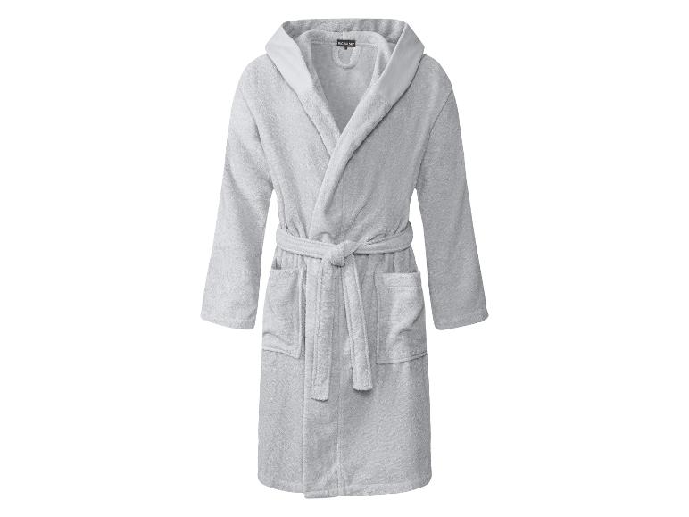 Hellgrauer Bademantel mit Kapuze, Bindegürtel und Taschen, mit der Marke MICHALSKY