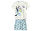 Weißes Kinder-T-Shirt und blaue Shorts mit Zeichentrickfiguren und dem Text „BED. SLEEP. NOW.“