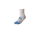 Weiße Socke mit rosa Herzen und einer blauen Zeichentrickfigur.