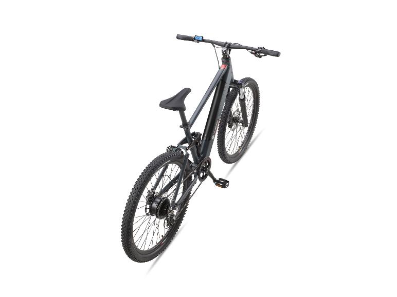 Graues vollgefedertes E-Mountainbike mit sichtbarem Display.