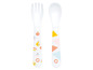 Ein weißer Löffel und eine Gabel mit Fruchtmuster für Babys.