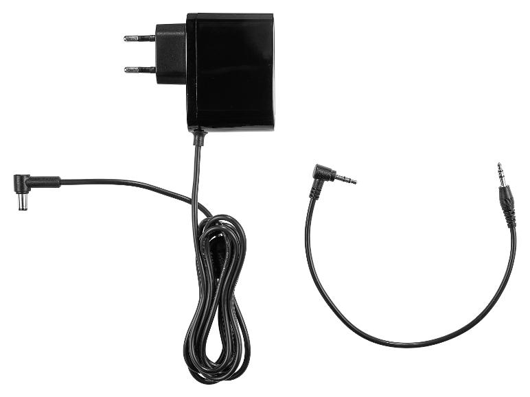 Schwarzes Netzteil mit Eurostecker und 3,5-mm-Audiokabel.