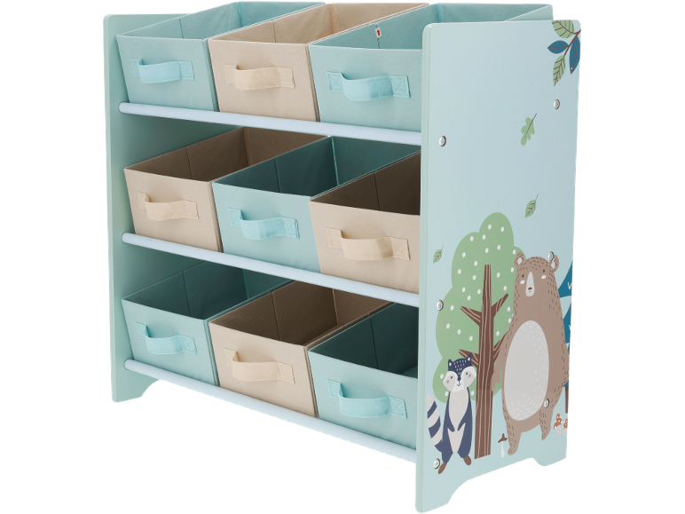 Kinder-Spielzeugregal mit neun Stoffboxen, verziert mit Bär und Waschbär.