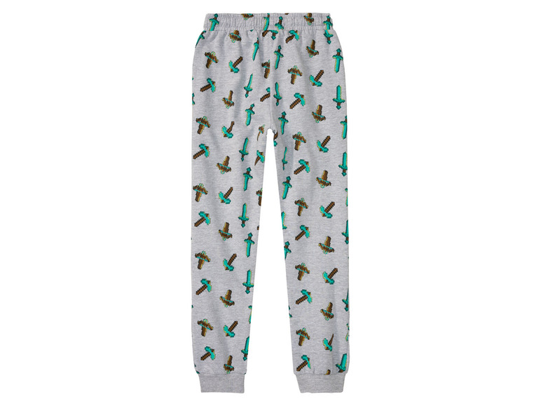 Graue Jogginghose mit Minecraft-Druck von einer Spitzhacke und einem Schwert.