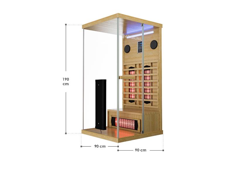 Infrarotsauna aus Holz mit Glaspaneelen, digitaler Steuerung und Heizungen, Maße 190x90x90 cm.