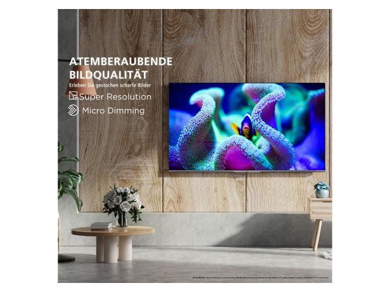 Ein Fernseher mit Super Resolution und Micro Dimming, der eine Unterwasserszene mit Korallen und einem Clownfisch zeigt.