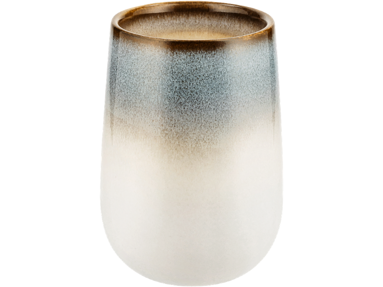 Keramikbecher mit Farbverlauf von Braun über Blau zu Weiß.