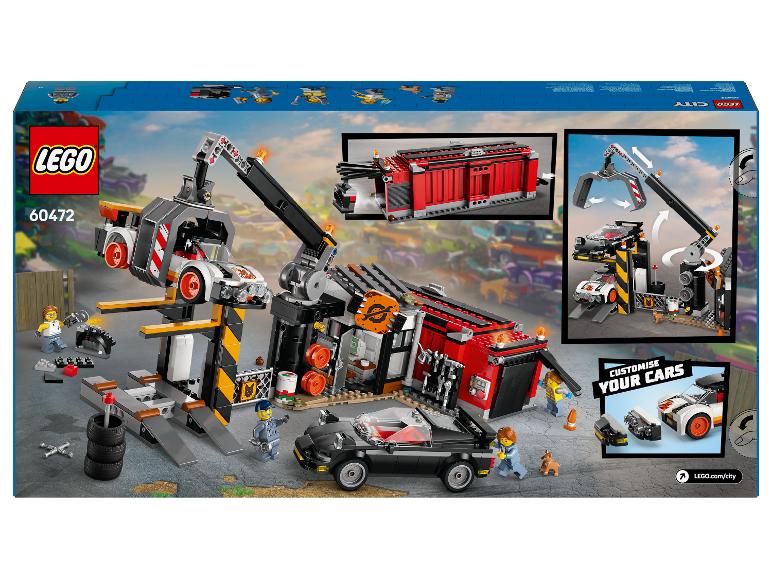 LEGO City Set 60472 mit Autowerkstatt, Kran und anpassbaren Autos.