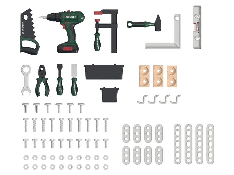 Ein Parkside Spielzeugwerkzeugset, bestehend aus Bohrmaschine, Säge, Zwinge, Hammer und Zubehör.