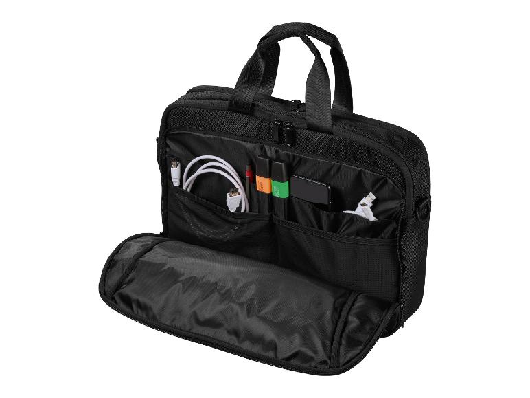 Offene schwarze Tasche mit organisierten Fächern für Kabel, Marker und Telefon.