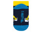 Mattel Socken mit blauem und gelbem Muster.