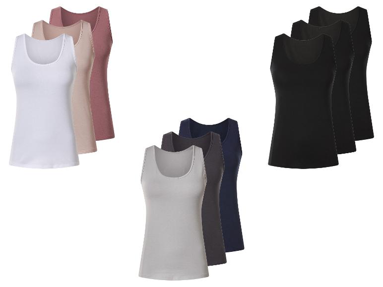 Set aus drei Damen-Unterhemden in Weiß, Beige und Rosa, sowie drei in Schwarz, Grau und Dunkelblau.