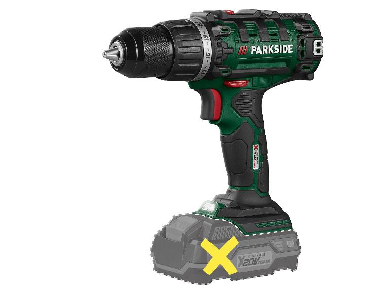Parkside X 20V Team Akku-Bohrschrauber mit schwarzem Bohrfutter und grünem Gehäuse.