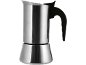 Edelstahl-Kaffeekanne mit schwarzem Griff.