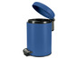 Ein blauer Mülleimer mit offenem Deckel.