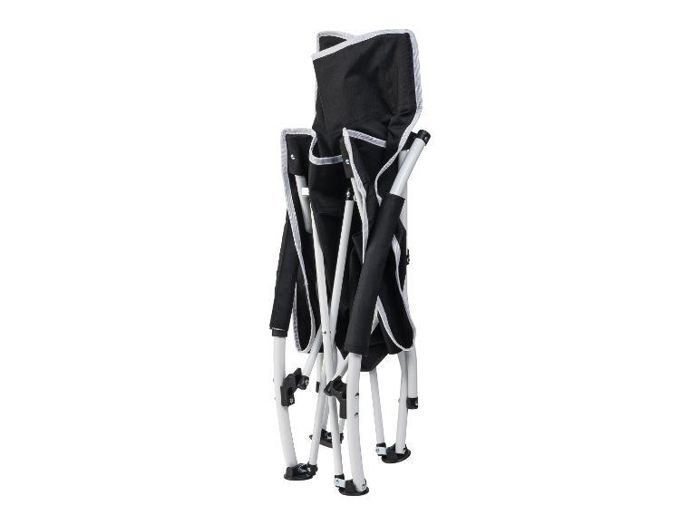 Schwarzer Klapp-Campingstuhl mit weißen Details, vertikal zusammengeklappt.
