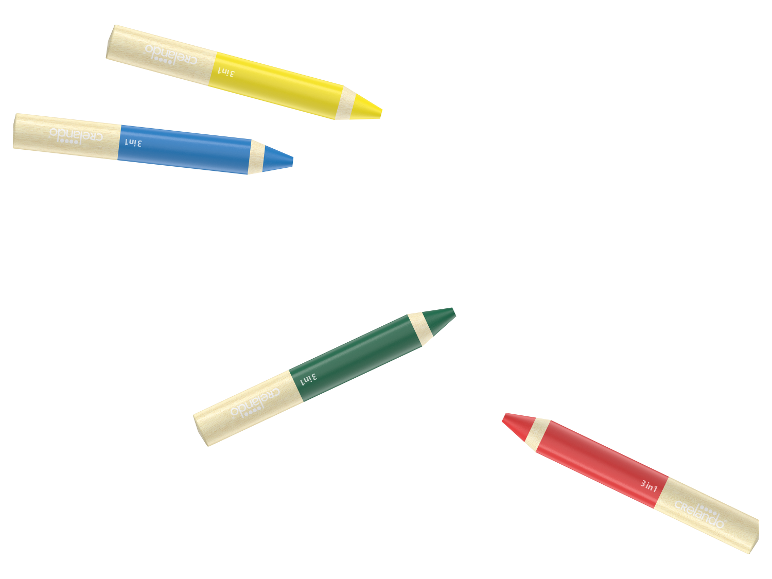 Crelando 3in1 Stifte: Gelb, Blau, Grün und Rot.