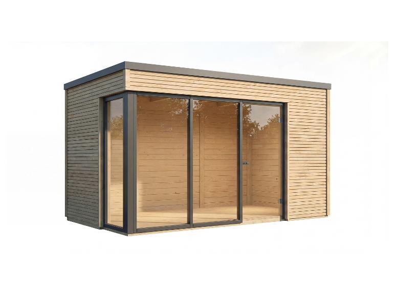 Moderner Holzgartenhaus mit großen Glasschiebetüren und Flachdach.