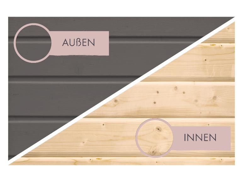 Holzpaneele, außen grau gestrichen und innen naturfarben.