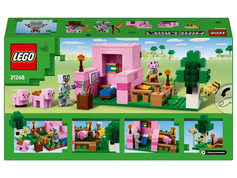 LEGO Minecraft Box mit einem rosa Schweinehaus, Figuren und Tieren.