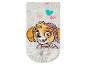 Graue Kindersocke mit einer Cartoon-Hundfigur und rosa und blauen Herzen.
