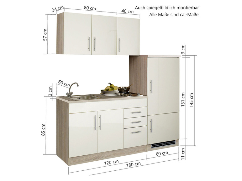 Küchenblock mit zwei Oberschränken, einem Spülbecken, einem Kochfeld und zwei Schränken mit einem Kühlschrank.