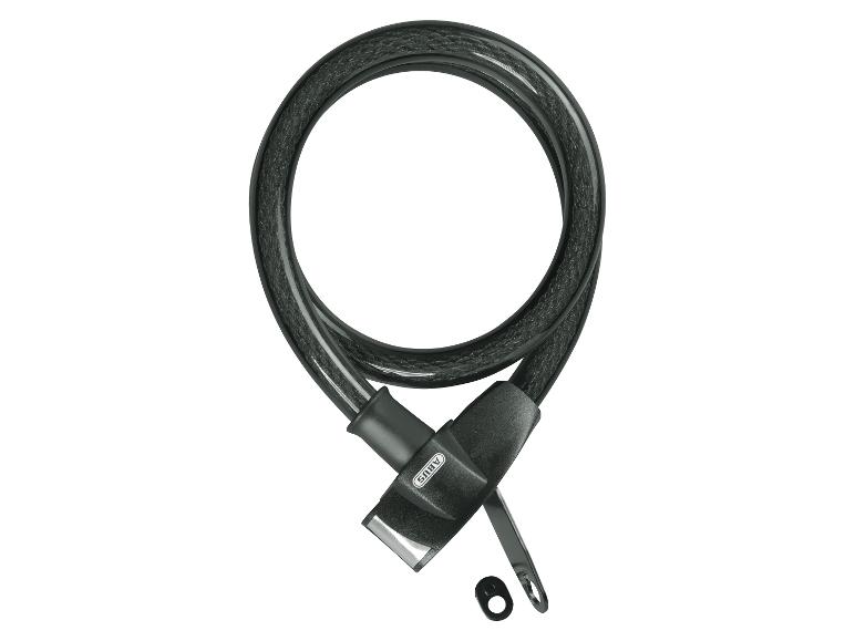 Schwarzes Fahrrad-Sicherheitskabel mit Halterung.