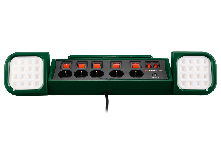 Grüne Steckdosenleiste mit fünf Steckdosen, fünf Schaltern, zwei USB-Anschlüssen und zwei LED-Arbeitsleuchten.
