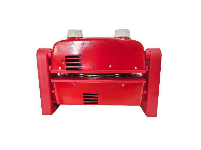 Roter elektrischer Pizzaofen mit zwei Bedienknöpfen, Rückansicht.