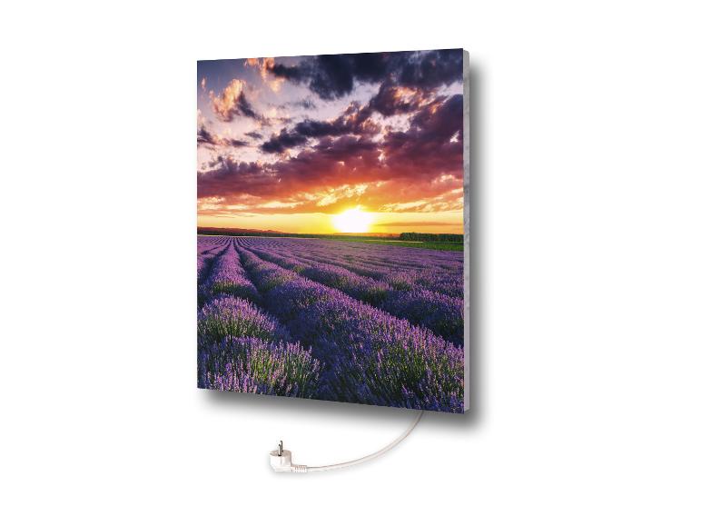 Elektrische Wandheizung mit Bild von Lavendelfeldern im Sonnenuntergang.