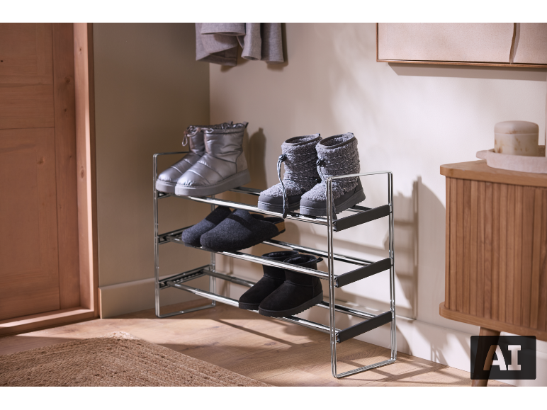 Ausziehbares Schuhregal aus Metall mit drei Ablagen und verschiedenen Schuhen.