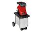 Rot-schwarzer elektrischer Gartenhäcksler mit Auffangbox und Rädern.