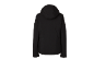 Schwarze Winterjacke mit Kapuze, Rückansicht.