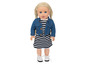 Eine Puppe mit blonden Haaren, einer Jeansjacke und einem gestreiften Kleid.
