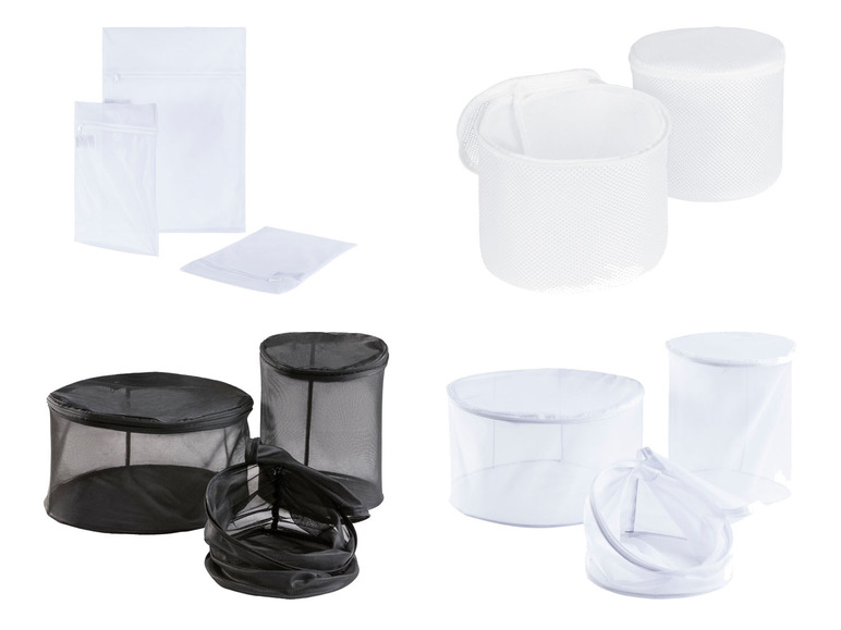 Weiße und schwarze Wäschebeutel und -körbe zum Waschen von empfindlicher Kleidung.