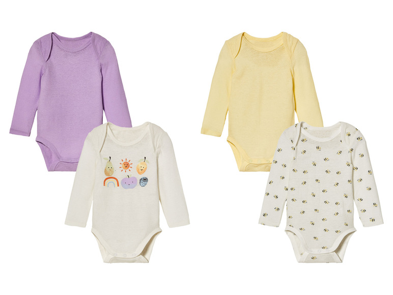 Drei Babybodys: ein glatter lila, ein glatter gelber und ein Body mit Bienenmuster.
