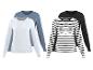 Set aus vier Damen-Langarmshirts: zwei unifarben (weiß, blau) und zwei gestreift (schwarz, weiß-schwarz).