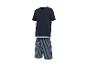 Herren-Pyjama mit marineblauem Kurzarm-T-Shirt und gestreiften Shorts.