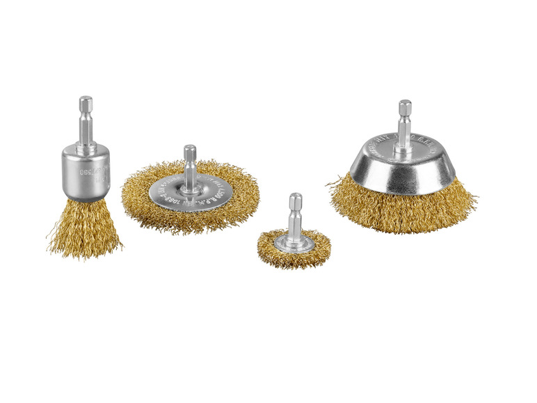 Drei Drahtbürsten zum Schleifen, zwei runde und eine zylindrische.