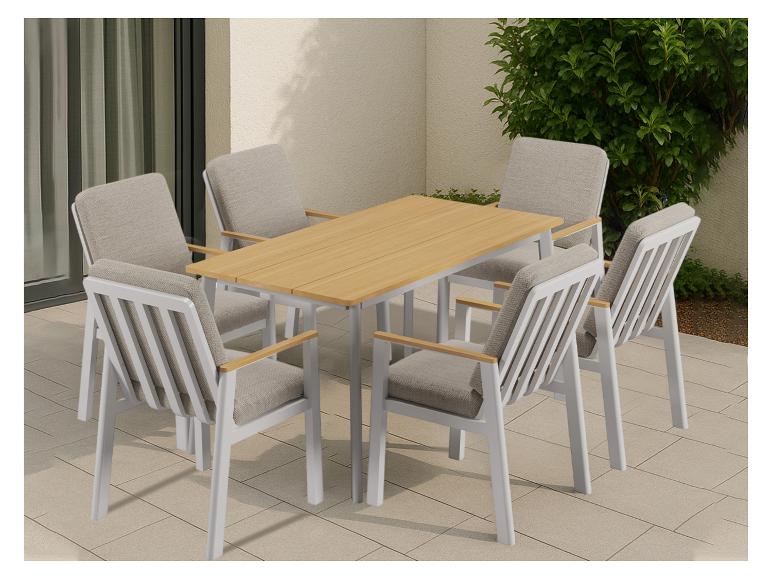 Outdoor-Essgruppe mit Holztisch und sechs Stühlen mit grauen Polstern auf einer gefliesten Terrasse.